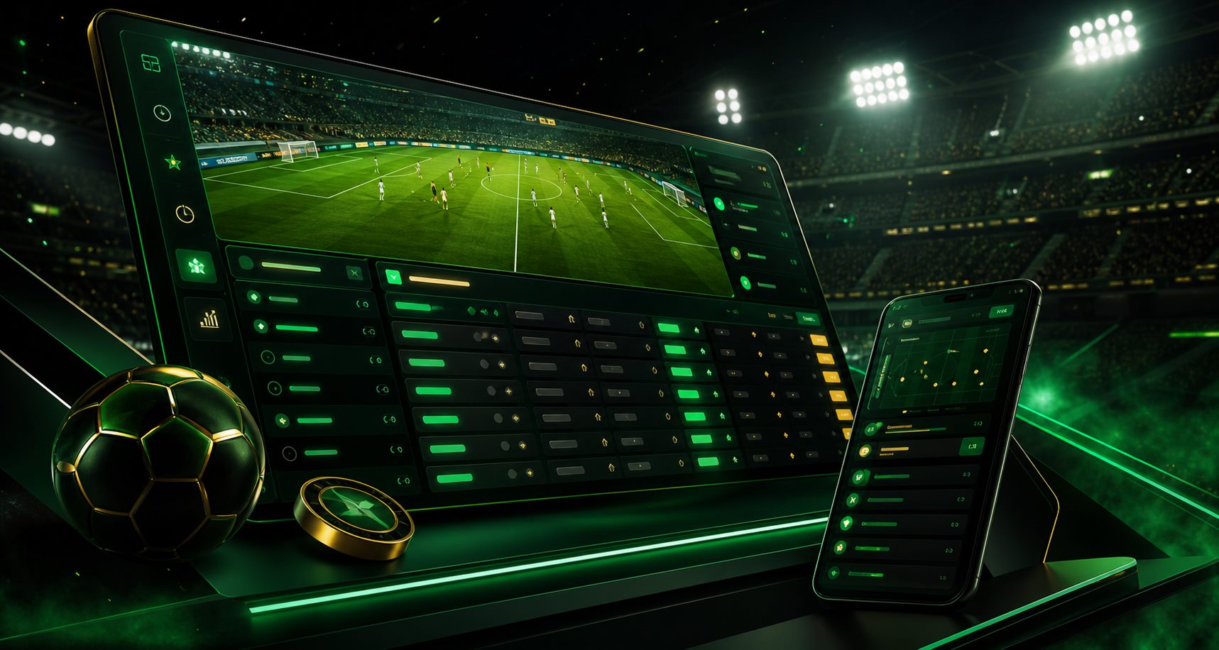 Canlı bahis ekranı, futbol sahası ve koyu yeşil mobil arayüz
