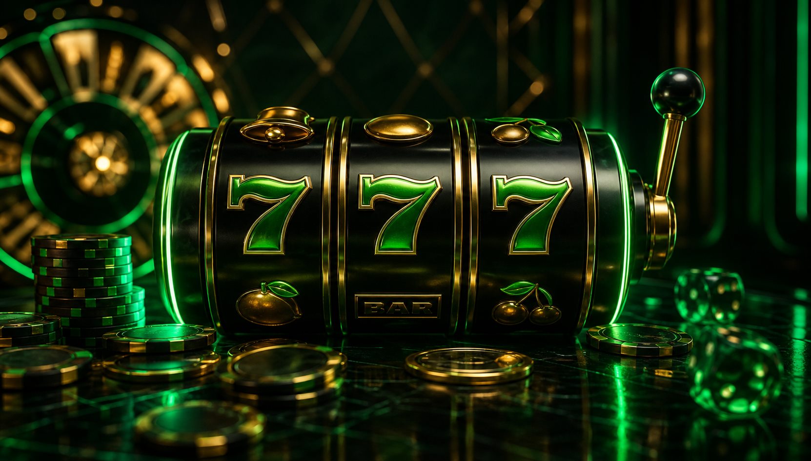 Koyu yeşil premium slot makinesi ve casino çipleri